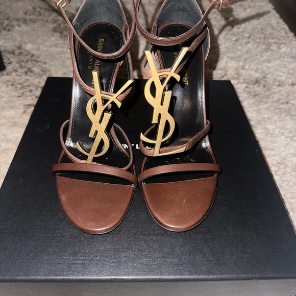 Saint Laurent Brown Heels with Gold Logo - Picture 1 of 7